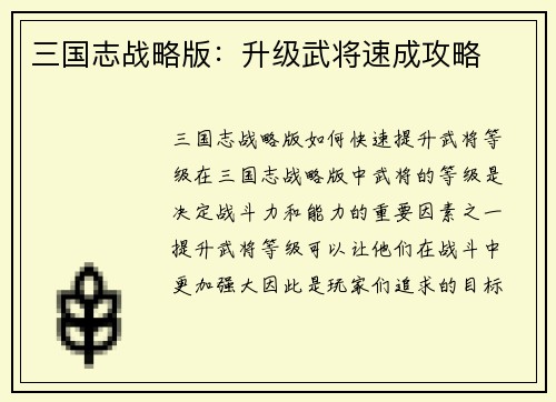 三国志战略版：升级武将速成攻略
